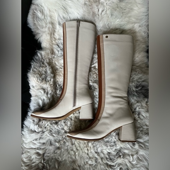 70s Revival Leather Colorblock Knee-High Heeled Boots - Picture 12 of 15